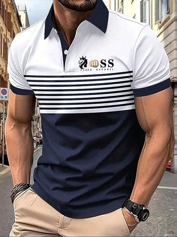 Men's Striped Lettering Casual Polo Shirt