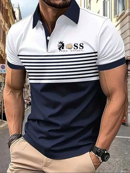 Men's Striped Lettering Casual Polo Shirt