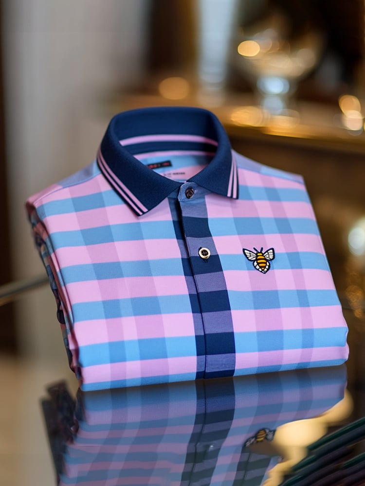 Men's Classic Business Check Logo Button Short Sleeve Polo Shirt