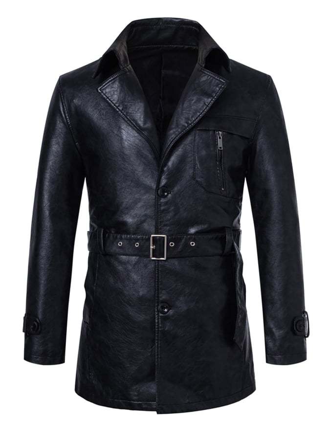 Men'S Stylish Suit Collar Mid-Length With Belt Casual Leather Trench Coat