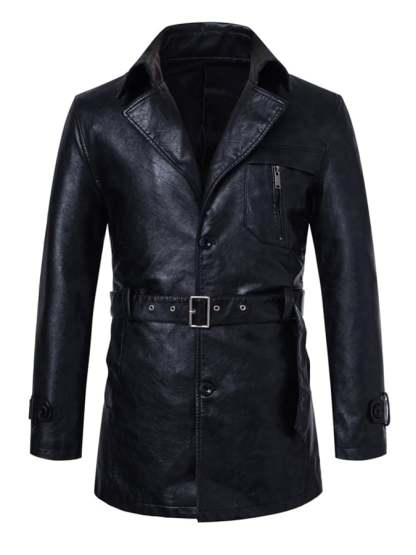 Men'S Stylish Suit Collar Mid-Length With Belt Casual Leather Trench Coat