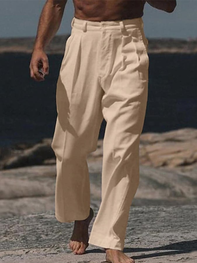Men's Casual Solid Color Cotton And Linen Trousers With Pockets