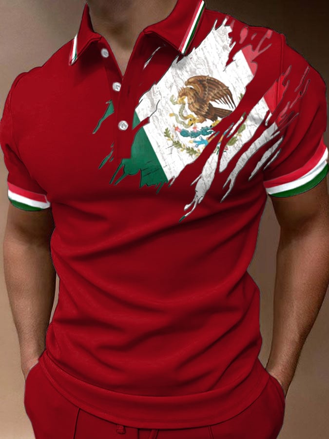 Men's Mexican Flag Print Polo Shirt