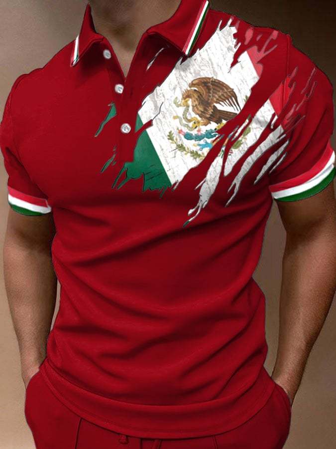 Men's Mexican Flag Print Polo Shirt