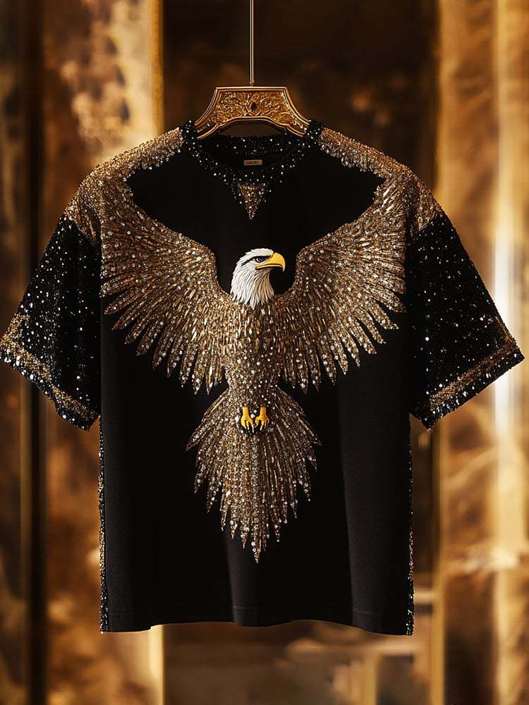 Men's Eagle Sequin Business Print Short Sleeve T-Shirt