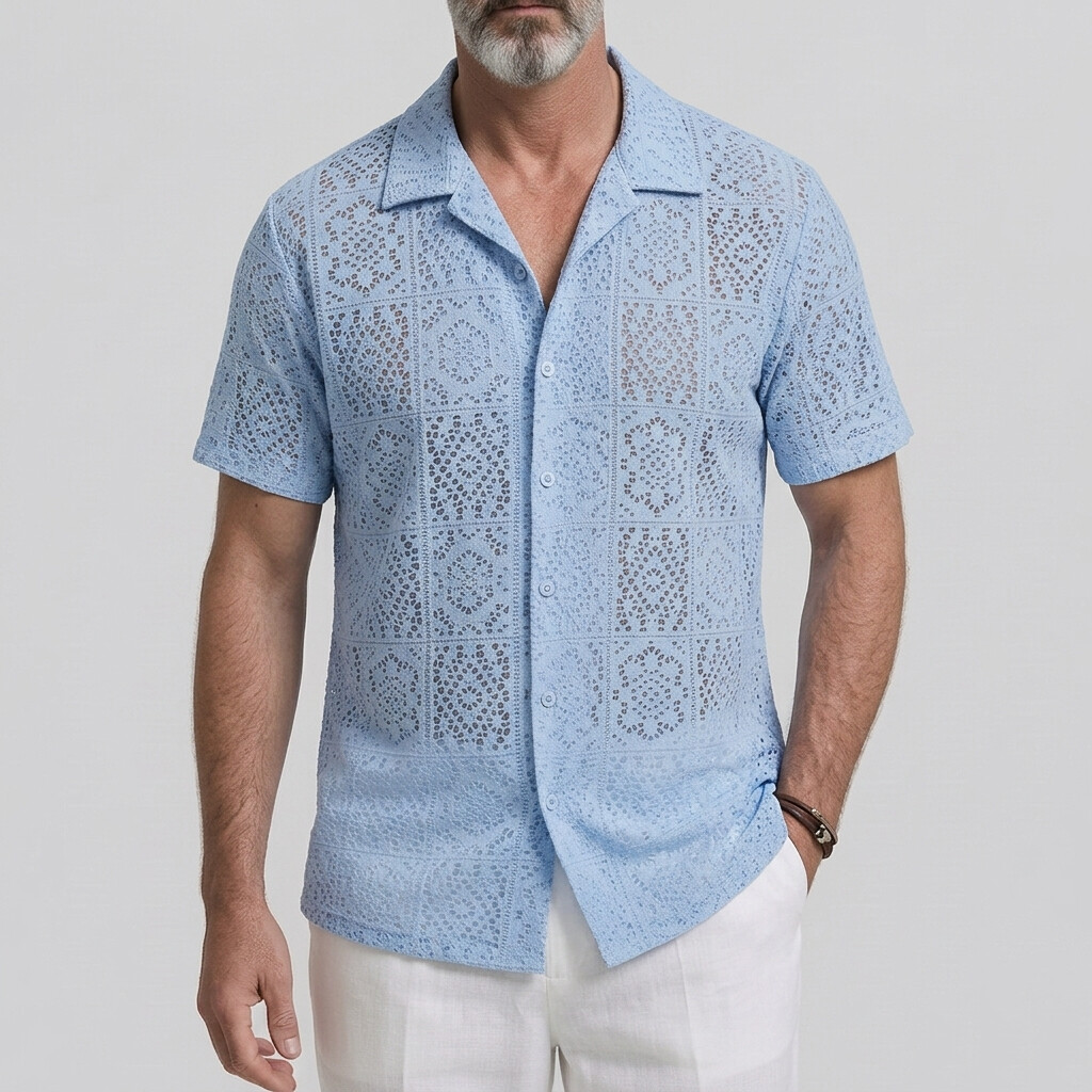 Men's Vacation Camp Collar Solid Color Hollow Out Lace Short Sleeve Shirt