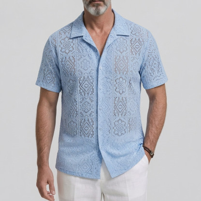 Men's Vacation Camp Collar Solid Color Hollow Out Lace Short Sleeve Shirt
