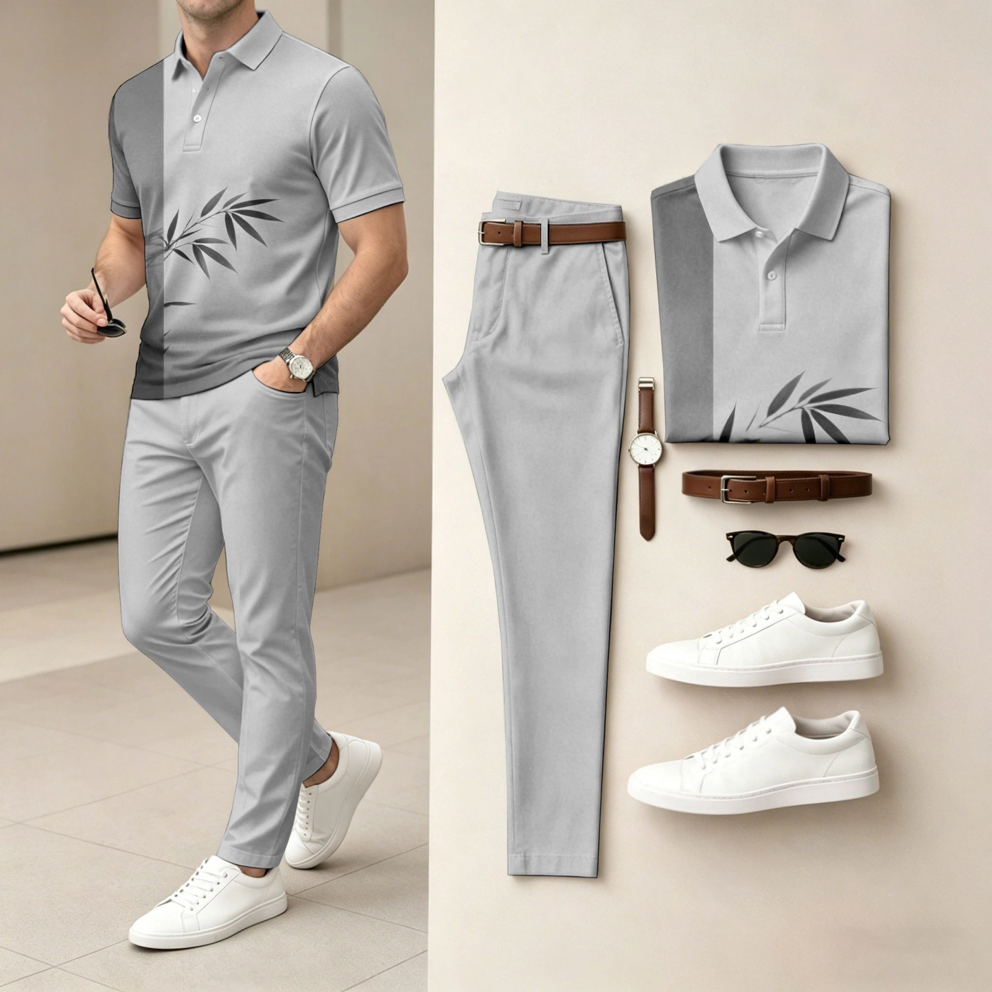 Men's Ombré Color Short-Sleeve Polo Shirt and Pants Two-Piece Set