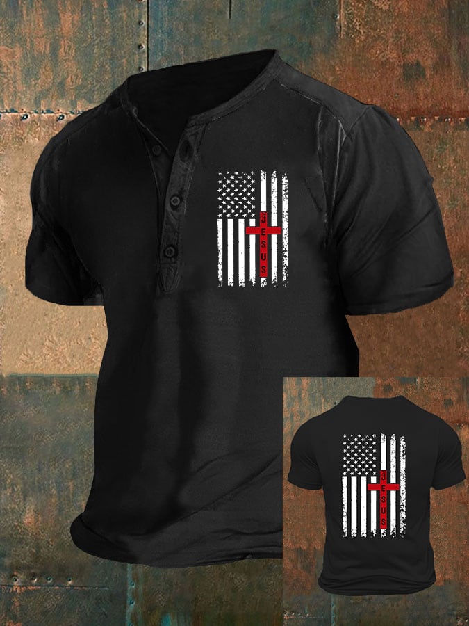 Men's JESUS American Flag Cross Print Polo Shirt