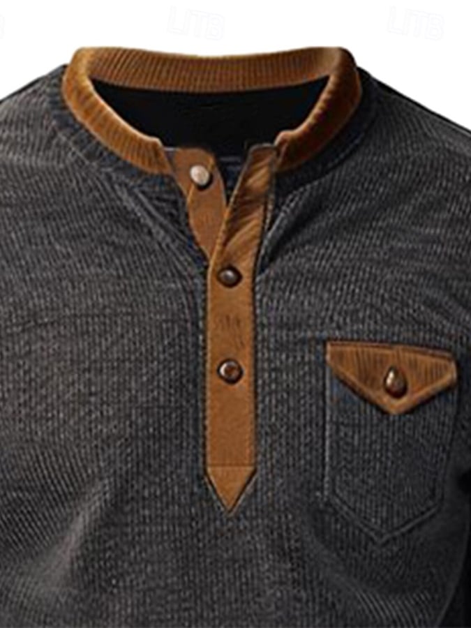 Men's Retro Contrast Color Corduroy Button Design Pocket Casual Sweatshirt