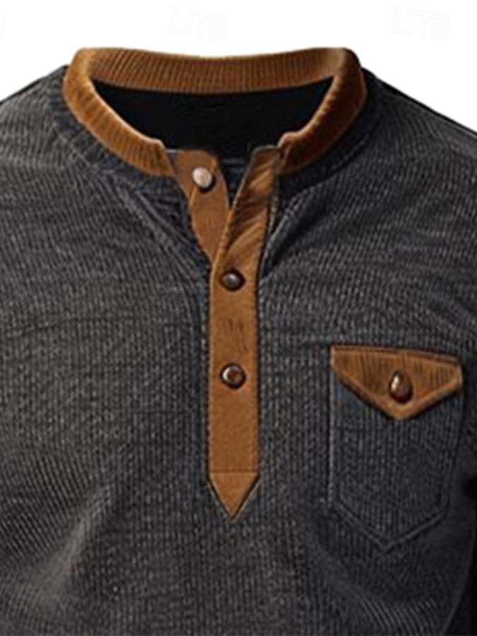Men's Retro Contrast Color Corduroy Button Design Pocket Casual Sweatshirt