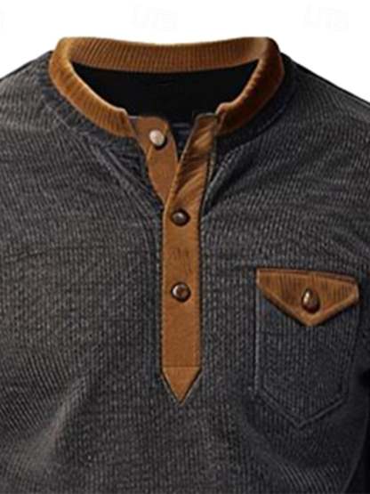 Men's Retro Contrast Color Corduroy Button Design Pocket Casual Sweatshirt