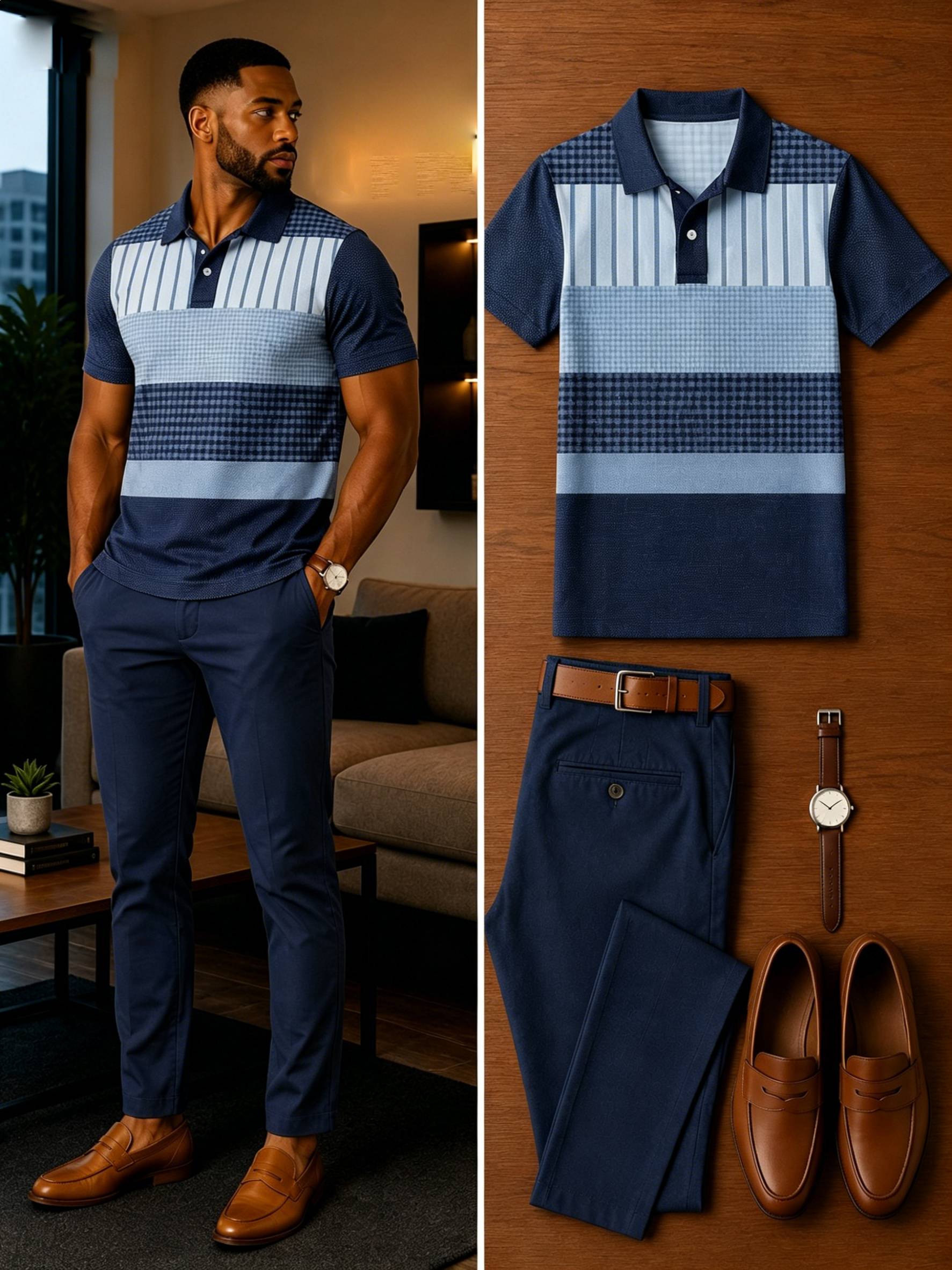 Men's Casual Short Sleeve Polo Shirt And Pants Two-Piece Set