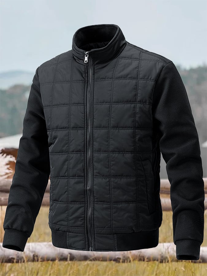 Men's Vintage Plaid Cotton Waffle Patchwork Casual Cotton Jacket