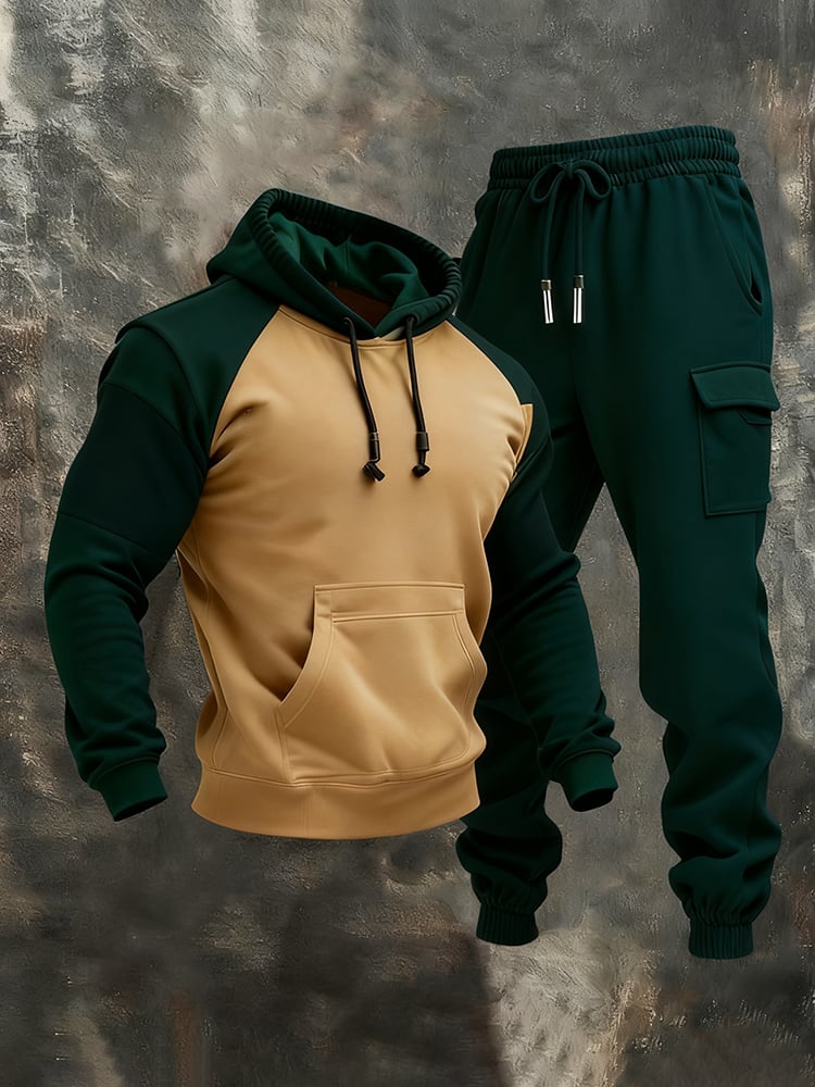 Men's Retro Stitching Contrast Color Hooded Casual Sweatshirt Suit