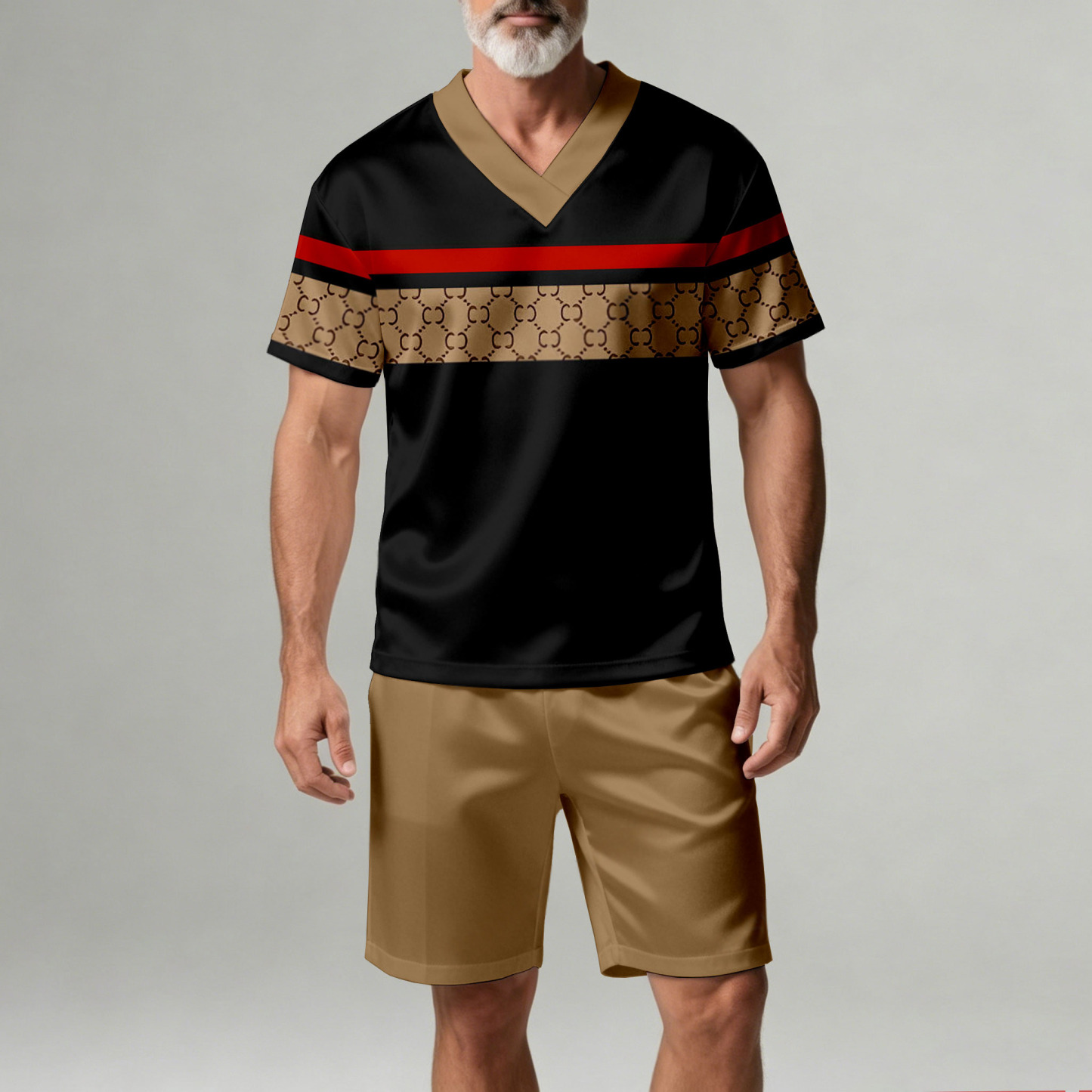 Men's Casual Geometric Print V-Neck Short-Sleeve T-Shirt And Shorts Two-Piece Set