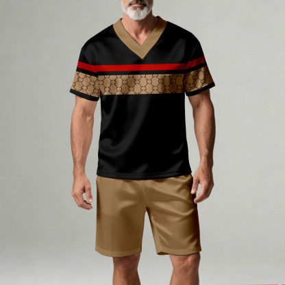 Men's Casual Geometric Print V-Neck Short-Sleeve T-Shirt And Shorts Two-Piece Set