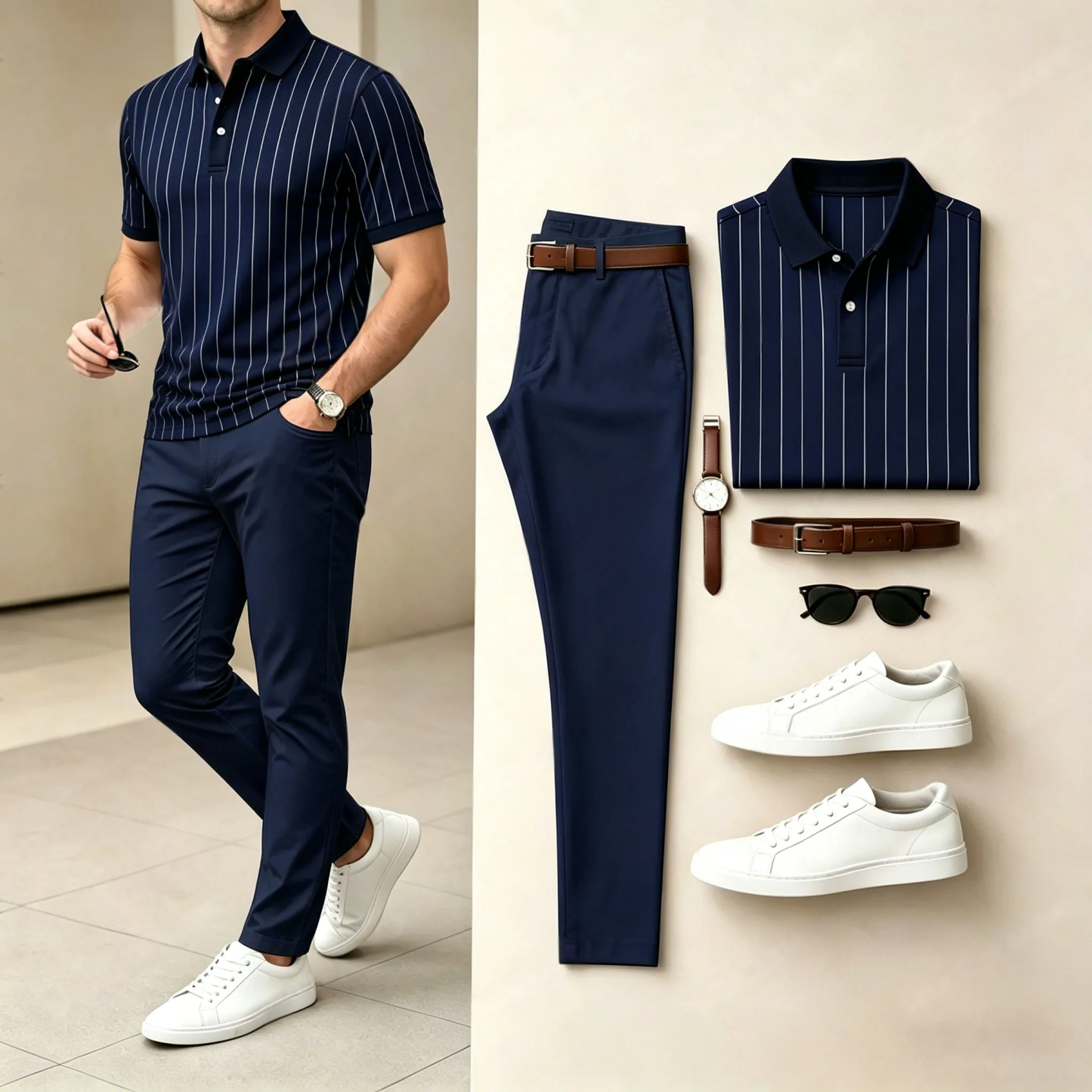 Men's Casual Printed Polo Shirt And Pants Two-Piece Set