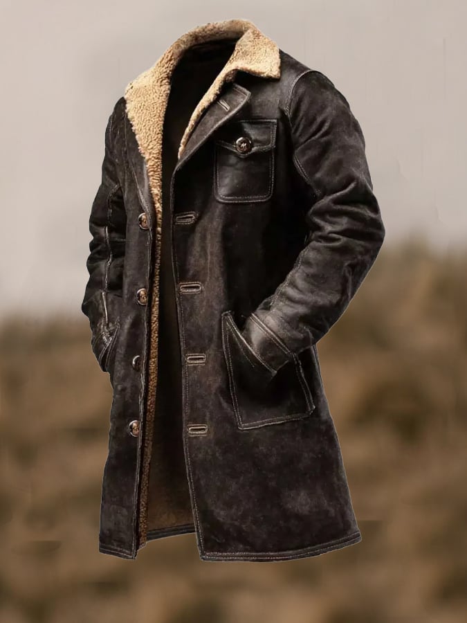 Men's Vintage Distressed Suede and Lambskin Long Coat