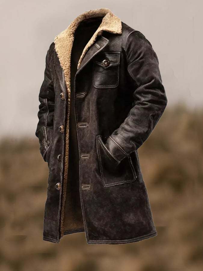 Men's Vintage Distressed Suede and Lambskin Long Coat