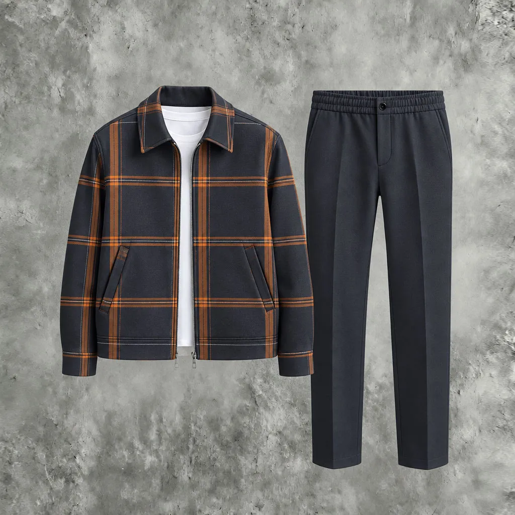 Men's Checkered Collared Zipper Jacket & Solid Pants Set