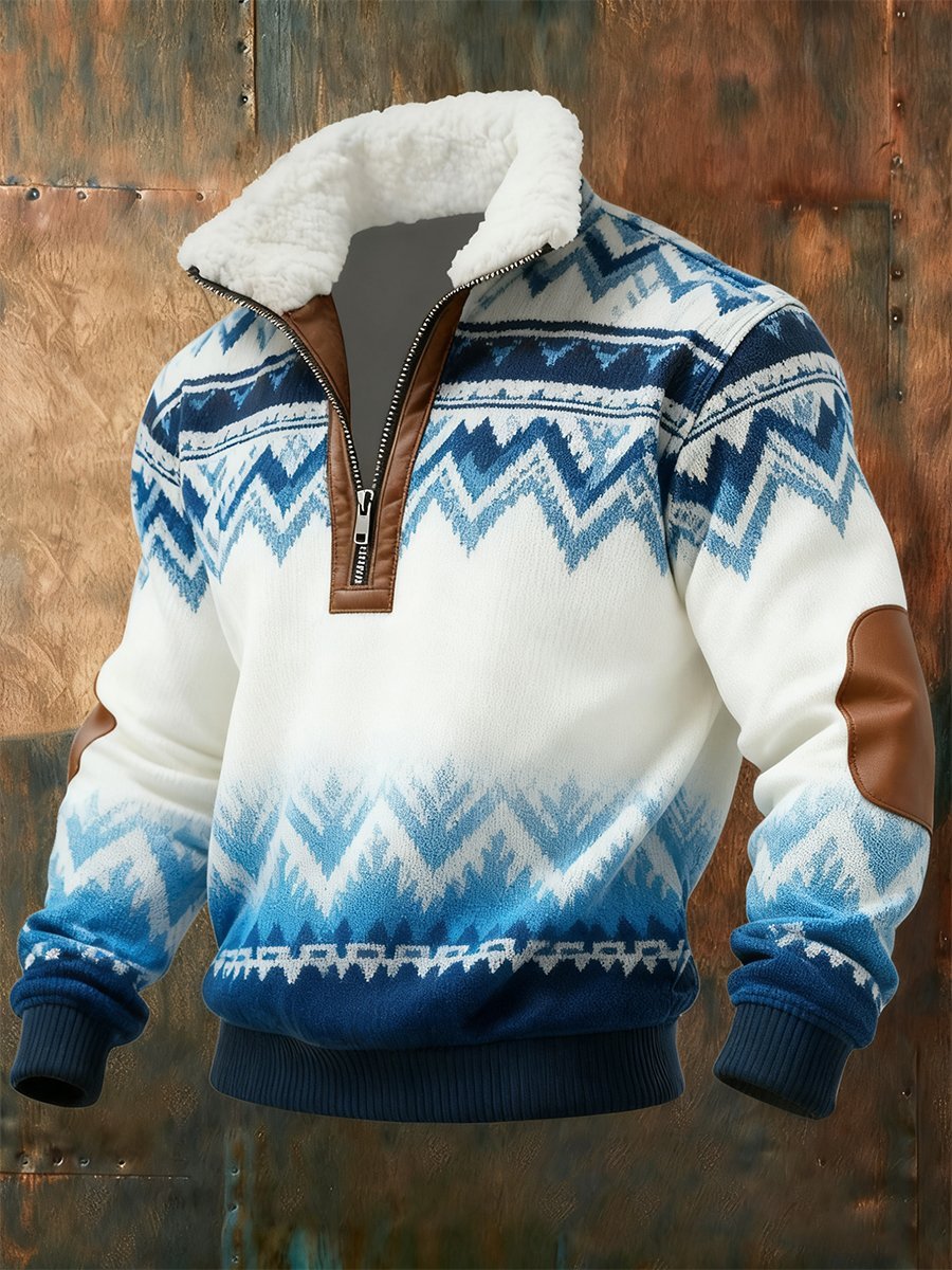 Men's Vintage Western Quarter Zip Fur Collar Sweatshirt