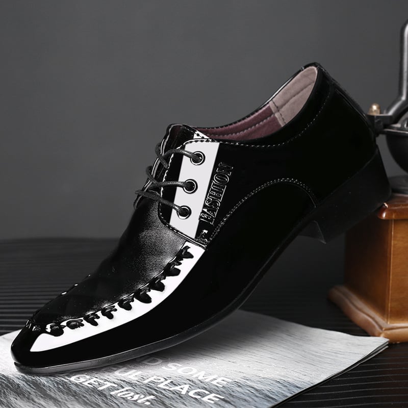 Men's Business Casual Pointed Toe Patchwork Patant Faux Leather Shoes