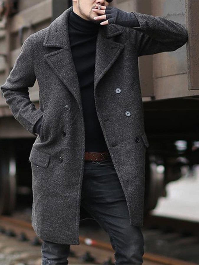 Men'S Commuter Button Design Lapel Wool Coat