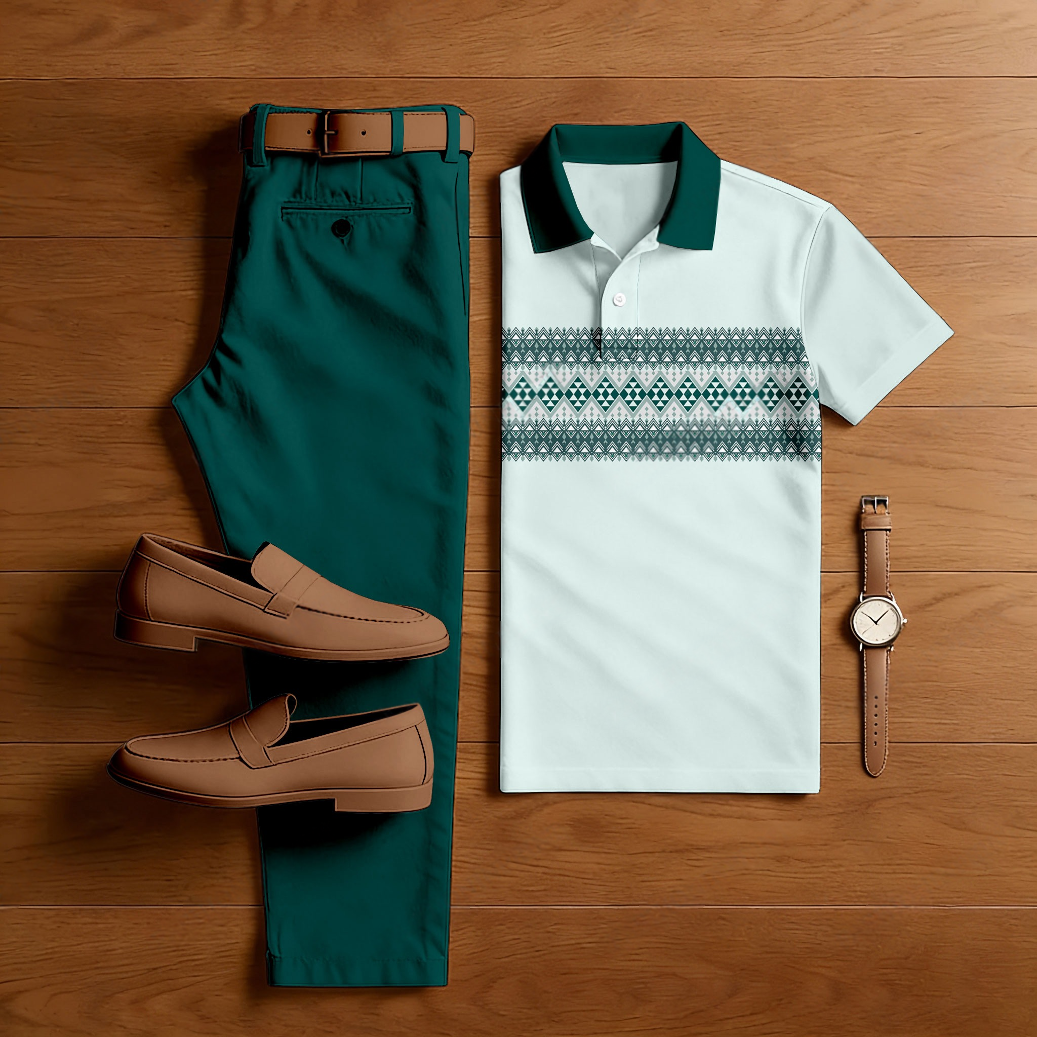 Men's Casual Green & Light Blue Color Matching Striped Printed Short Sleeved Polo Shirt & Trousers Two-Piece Set