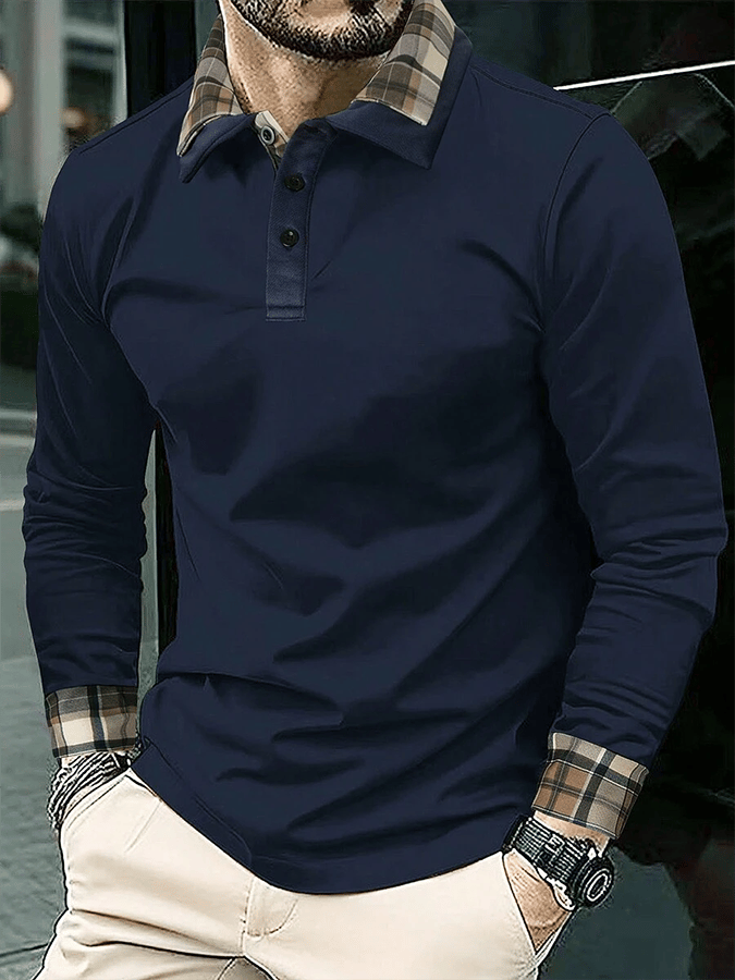 Men's Plaid Business Casual Long Sleeve Polo Shirt