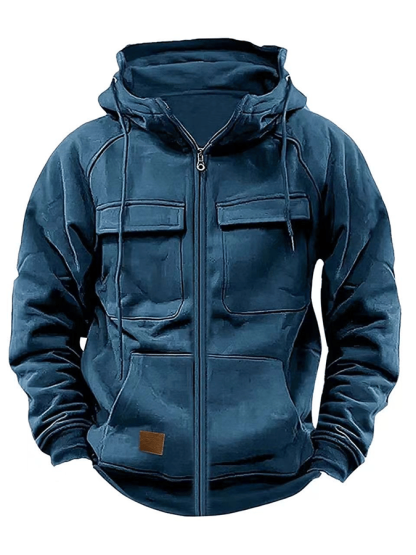 Men's Vintage Double Pocket Solid Color Comfort Zip Cardigan Jacket