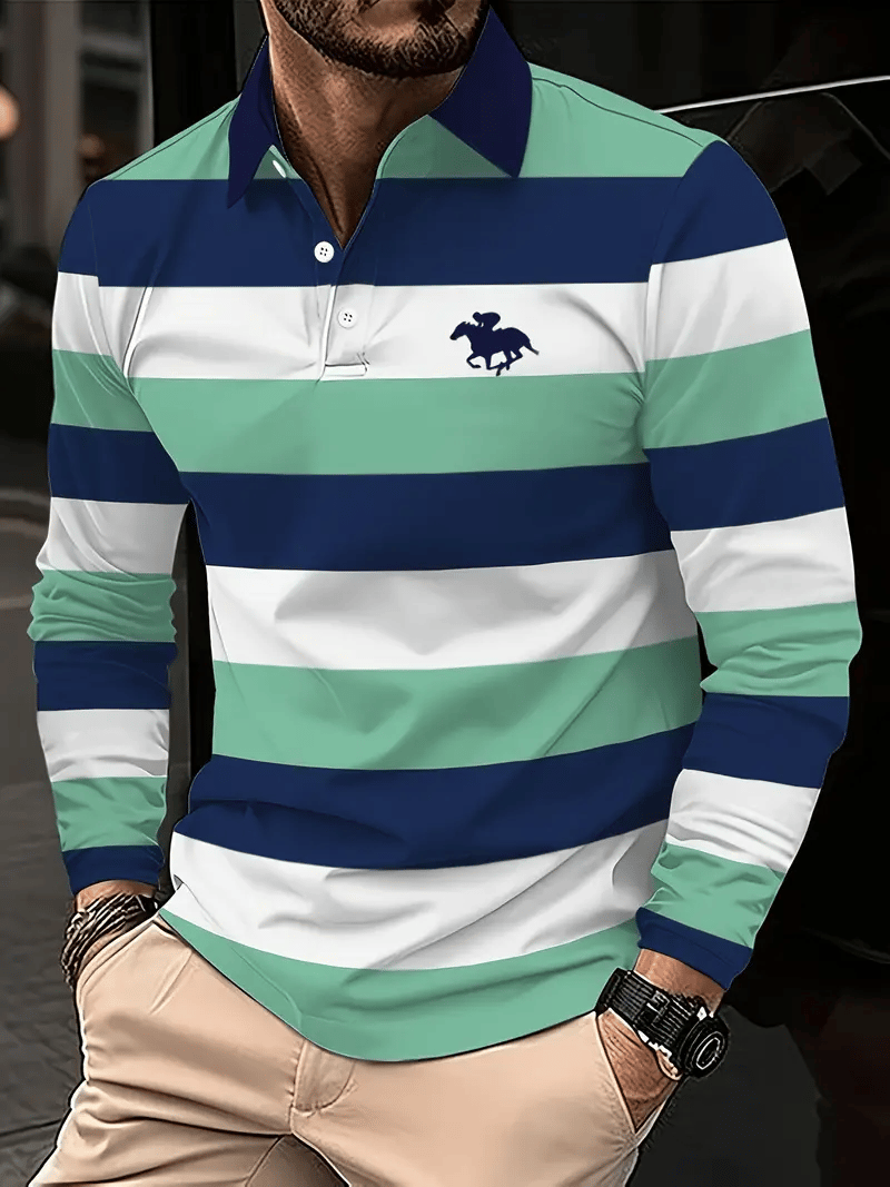 Men's Retro Business Stripe Print Long Sleeve Polo Shirt