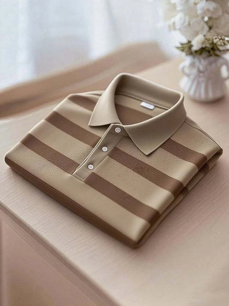 Men's Business Casual Brown Striped Logo Button Short Sleeve Polo Shirt