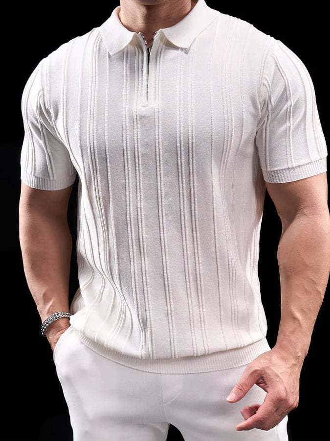 Men's Solid Color Knitted Jacquard Zipper Polo T-Shirt