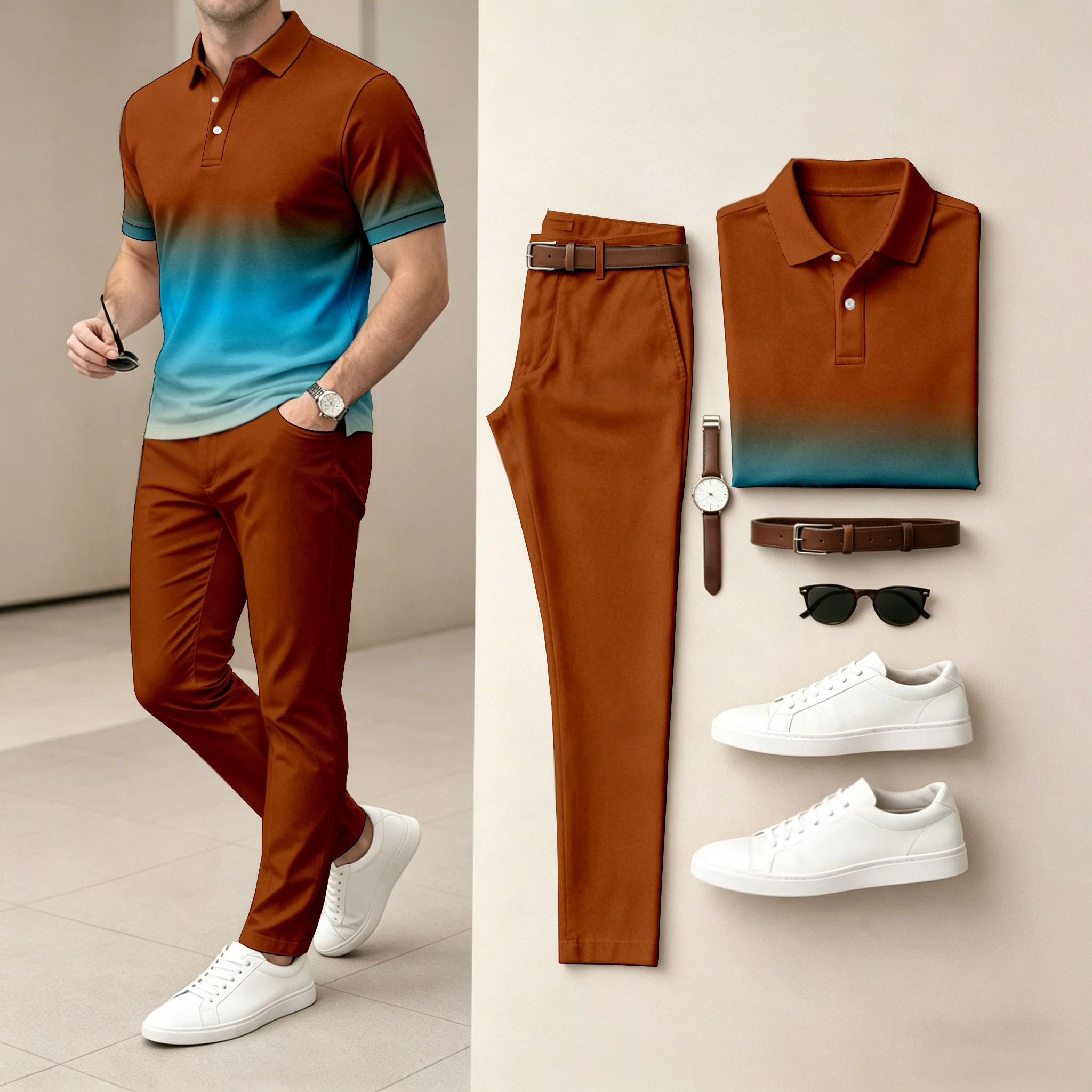 Men's  Ombré Color Short-Sleeve Polo Shirt and Pants Two-Piece Set