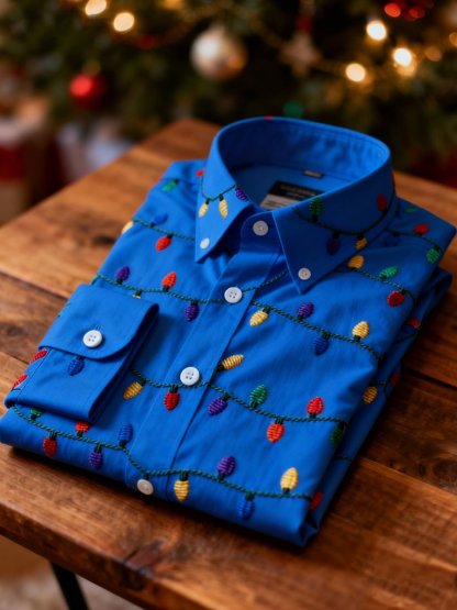 Men's Business Retro Christmas Colored Lights Printed Long Sleeve Shirt