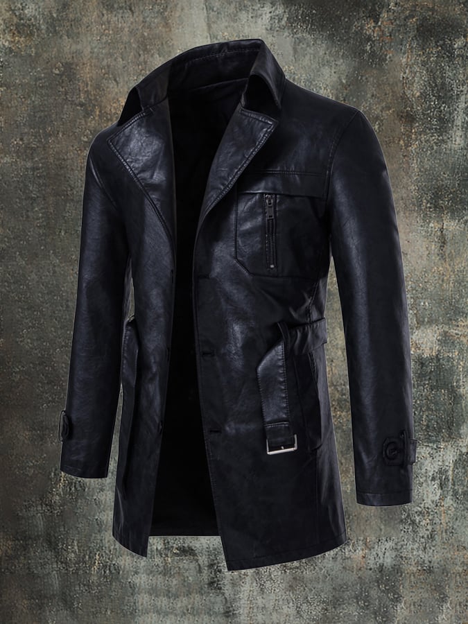 Men'S Stylish Suit Collar Mid-Length With Belt Casual Leather Trench Coat