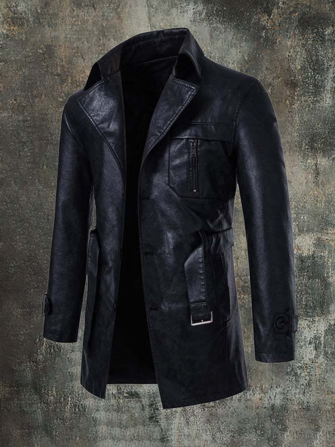 Men'S Stylish Suit Collar Mid-Length With Belt Casual Leather Trench C