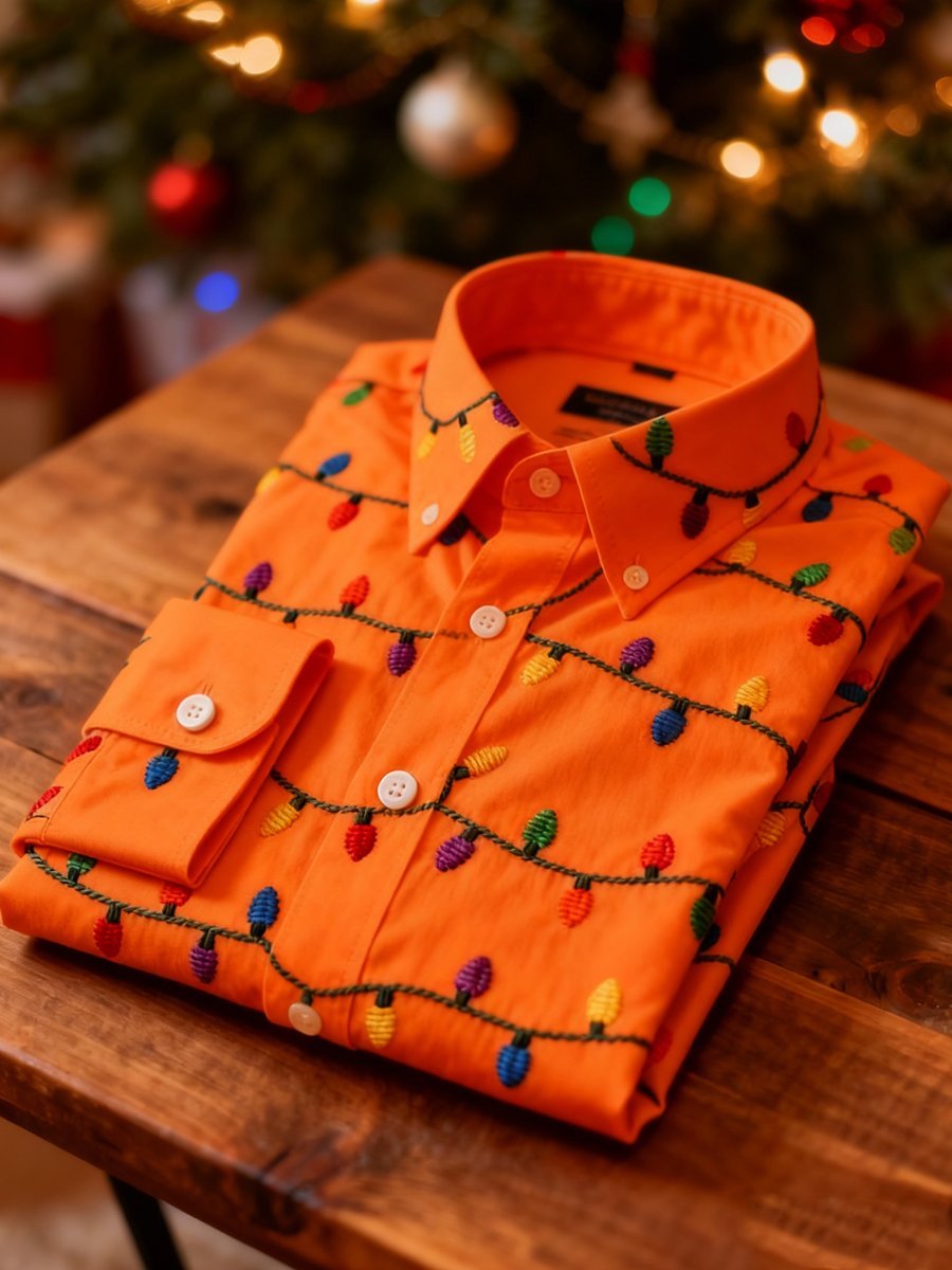 Men's Business Retro Christmas Colored Lights Printed Long Sleeve Shirt