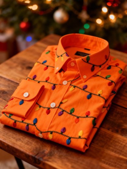 Men's Business Retro Christmas Colored Lights Printed Long Sleeve Shirt