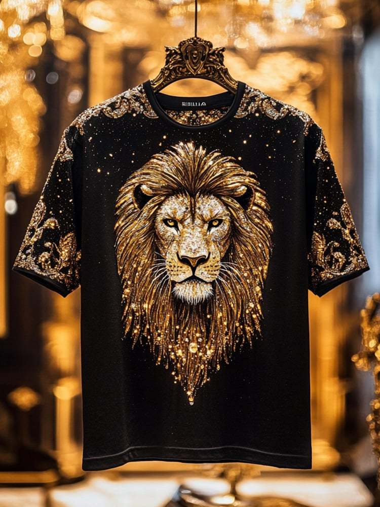 Men's Lion Sequin Business Print Short Sleeve T-Shirt