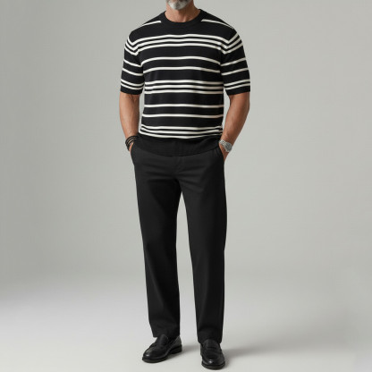 Men's Apricot Casual Striped Pattern Crew Neck Knitted Short Sleeve T-Shirt