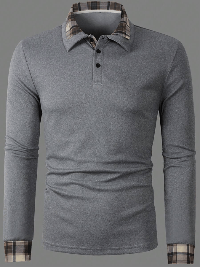 Men's Plaid Business Casual Long Sleeve Polo Shirt