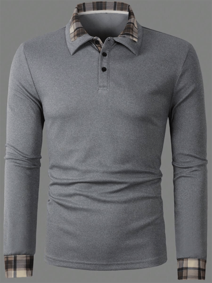 Men's Plaid Business Casual Long Sleeve Polo Shirt