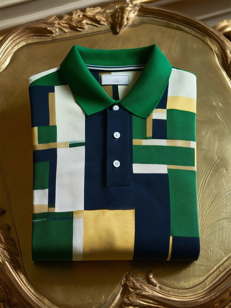 Men's Business Casual Mondrian Art Button Short Sleeve Polo Shirt