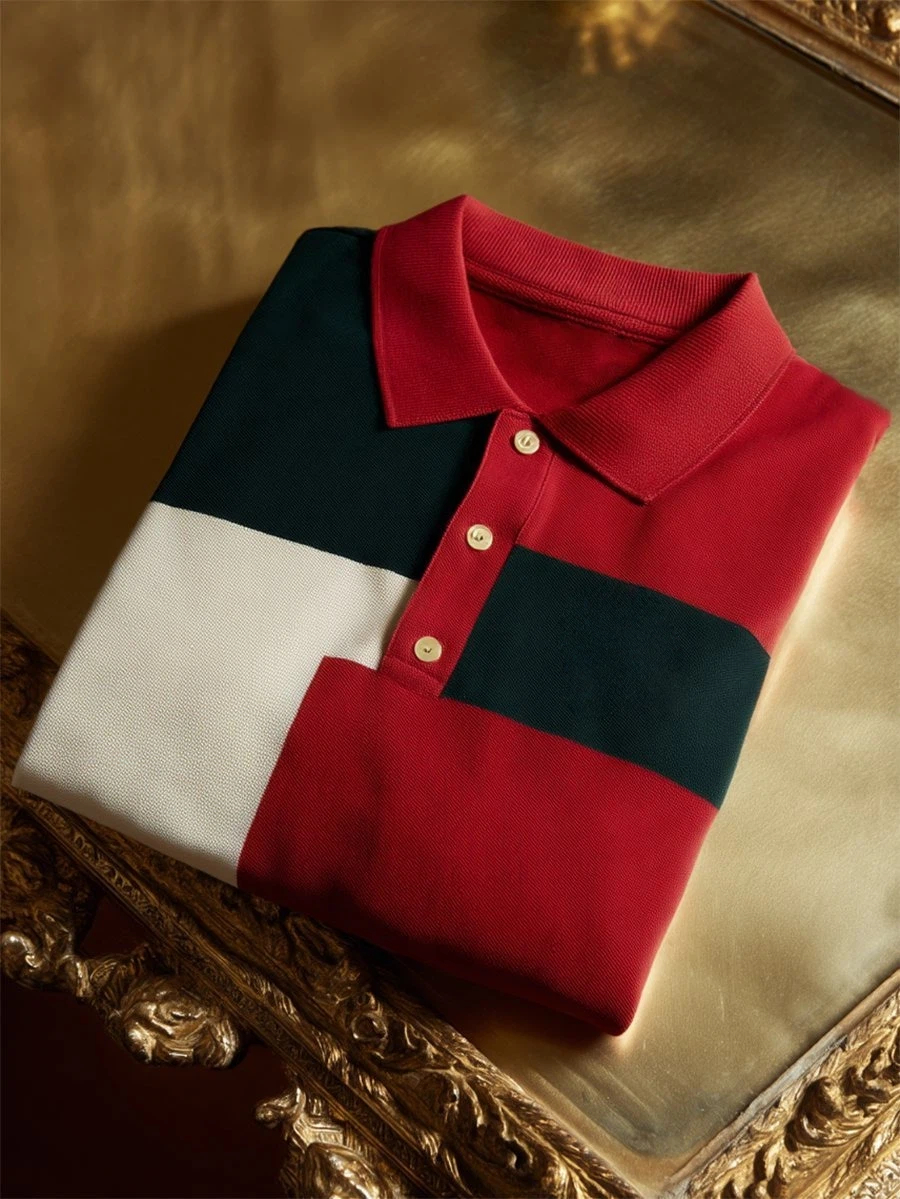 Men's Business Casual Mondrian Art Button Short Sleeve Polo Shirt