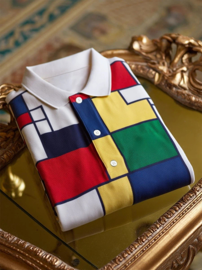 Men's Business Casual Mondrian Art Button Short Sleeve Polo Shirt