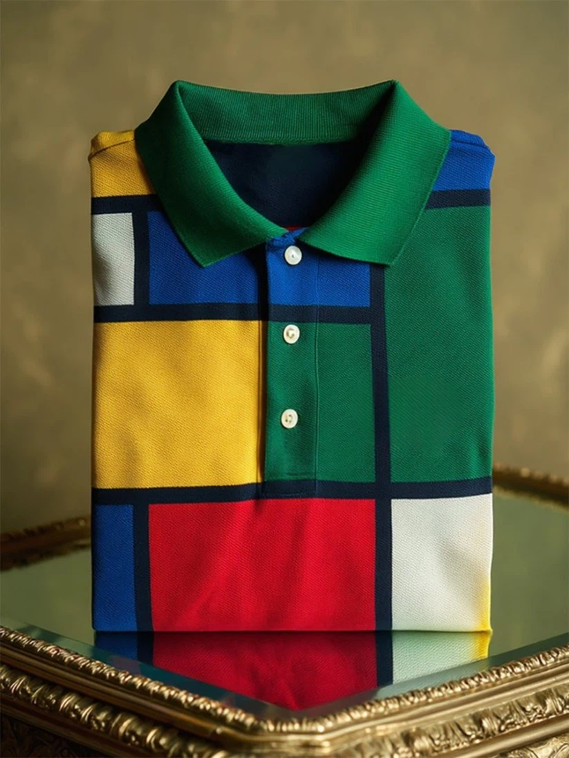 Men's Business Casual Mondrian Art Button Short Sleeve Polo Shirt