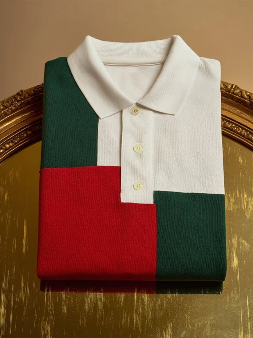 Men's Business Casual Mondrian Art Button Short Sleeve Polo Shirt