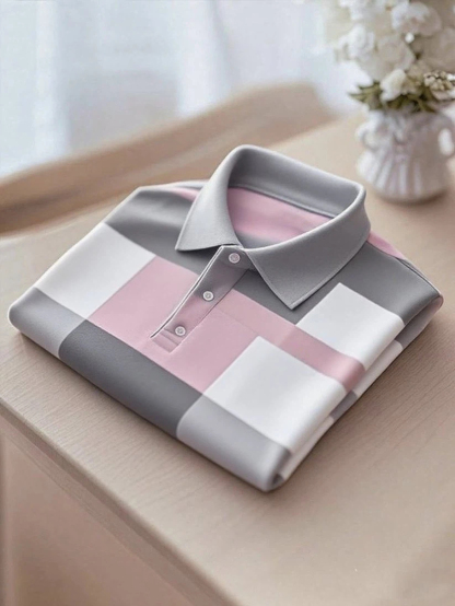 Men's Business Casual Grey and Pink Logo Button Short Sleeve Polo Shirt